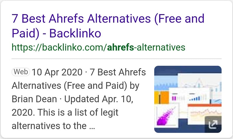 Сниппет в Bing об альтернативах Ahrefs: backlinko