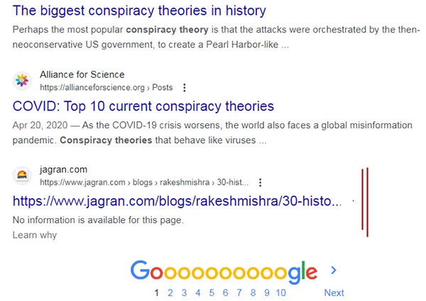 Google's SERP on 'best conspiracy theories'