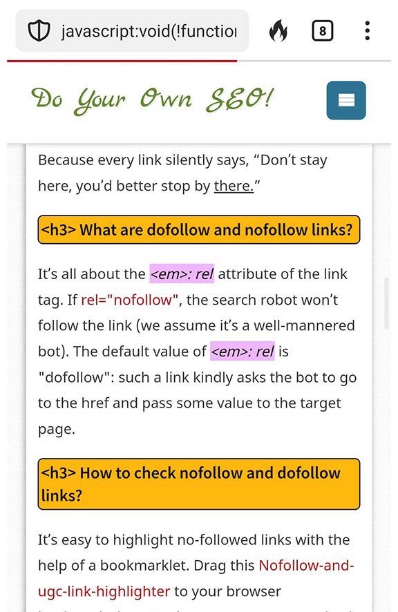 Bookmarklet highlights semantic html tags