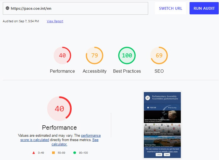 web.dev measures for the PACE website